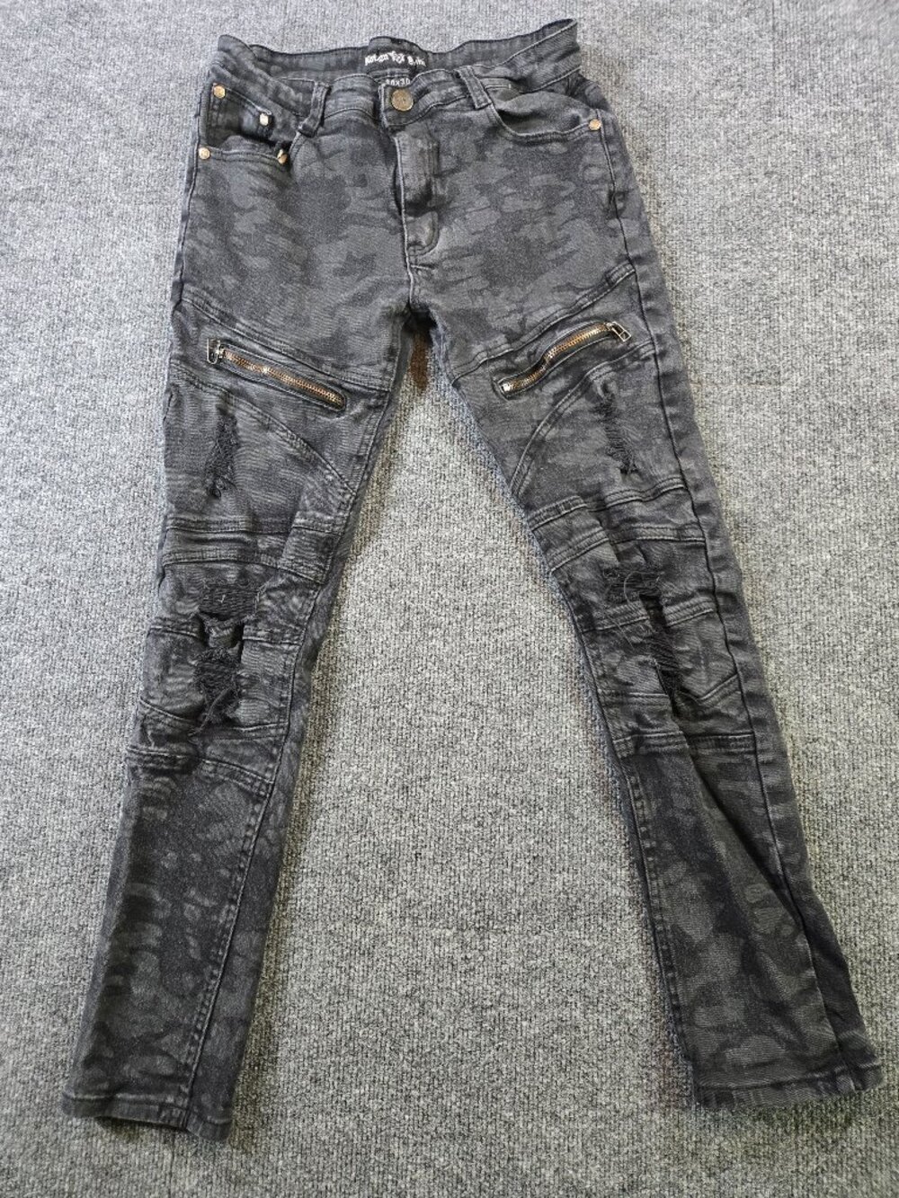 Nathan Denim Mens 30x30 Black Camo Moto Bike Skinny Jeans Distressed Zip Stretch